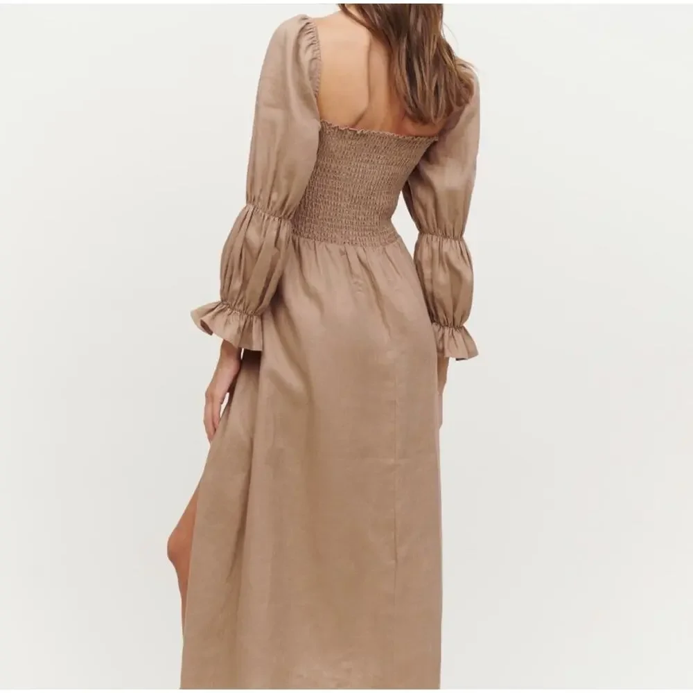 Reformation Hyland Linen Dress in Khaki Size XL - Picture 2 of 13